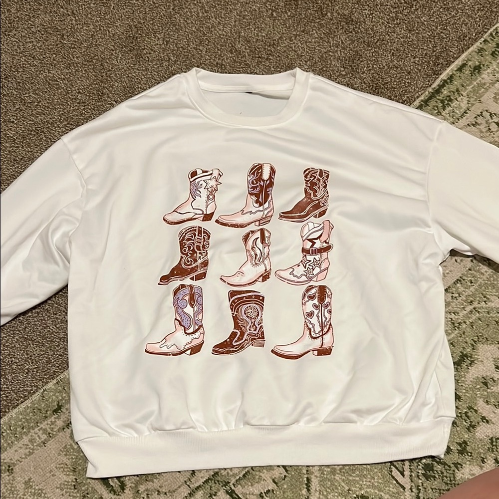 White Sweatshirt with Cowboy Boot Print